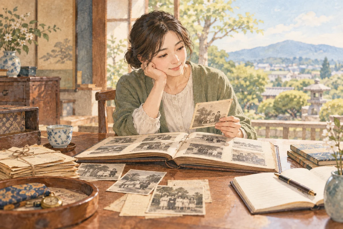 古い家族写真を手に先祖の暮らしに思いを巡らせる人のイメージイラスト