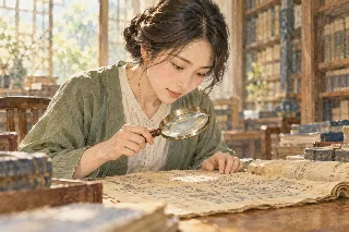 拡大鏡を使い古い記録を丁寧に読む人のイメージイラスト