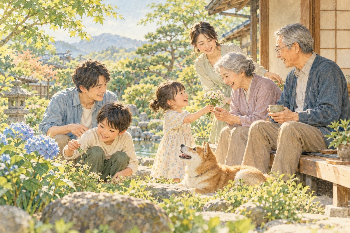 祖父母から子どもまで家族で庭の時間を楽しむイメージイラスト