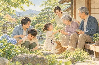 祖父母から子どもまで家族で庭の時間を楽しむイメージイラスト