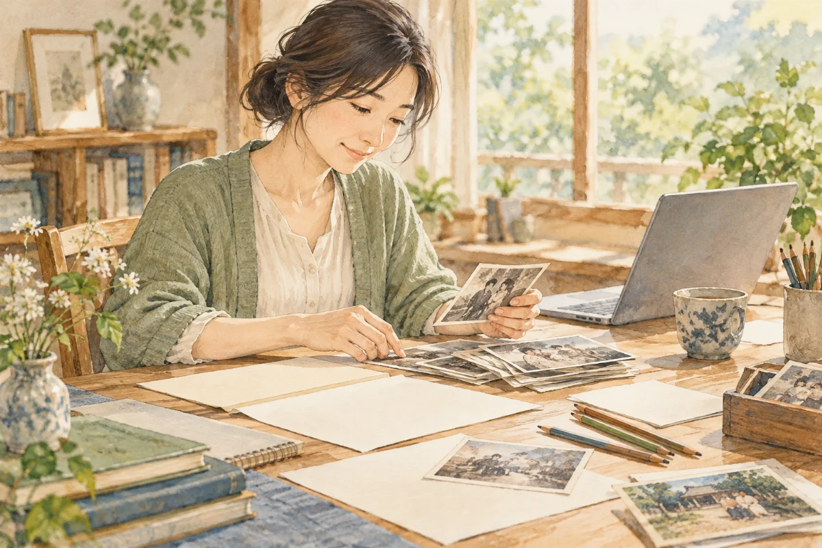 家族写真と記入用紙を机に並べる人のイメージイラスト