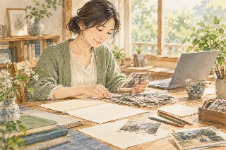 家族写真と記入用紙を机に並べる人のイメージイラスト