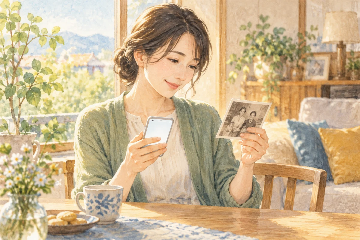 家族写真を見ながらスマートフォンを使う人のイメージイラスト