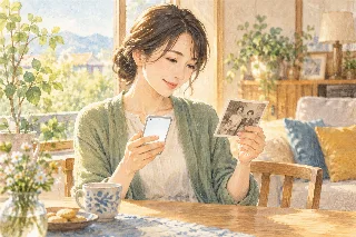 家族写真を見ながらスマートフォンを使う人のイメージイラスト