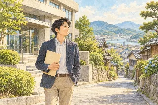 書類を持って町の役所を訪れる人のイメージイラスト