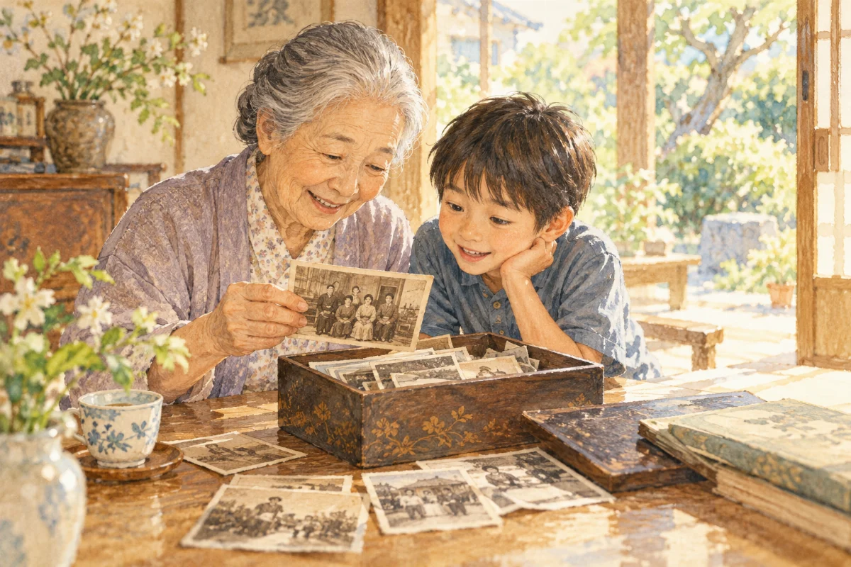 祖母と孫が箱に入った古い写真を眺めるイメージイラスト
