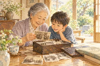 祖母と孫が箱に入った古い写真を眺めるイメージイラスト