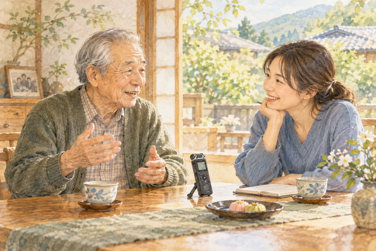 父の思い出話を音声で記録する娘のイメージイラスト