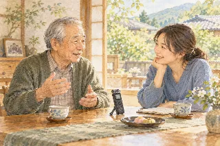父の思い出話を音声で記録する娘のイメージイラスト