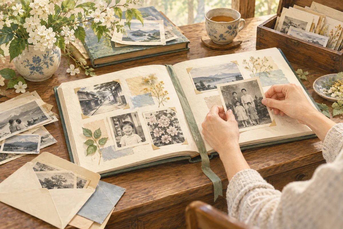家族写真を一冊のアルバムにまとめるイメージイラスト