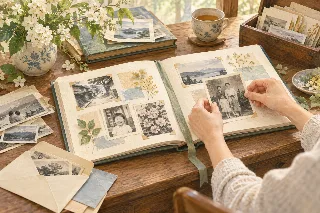 家族写真を一冊のアルバムにまとめるイメージイラスト