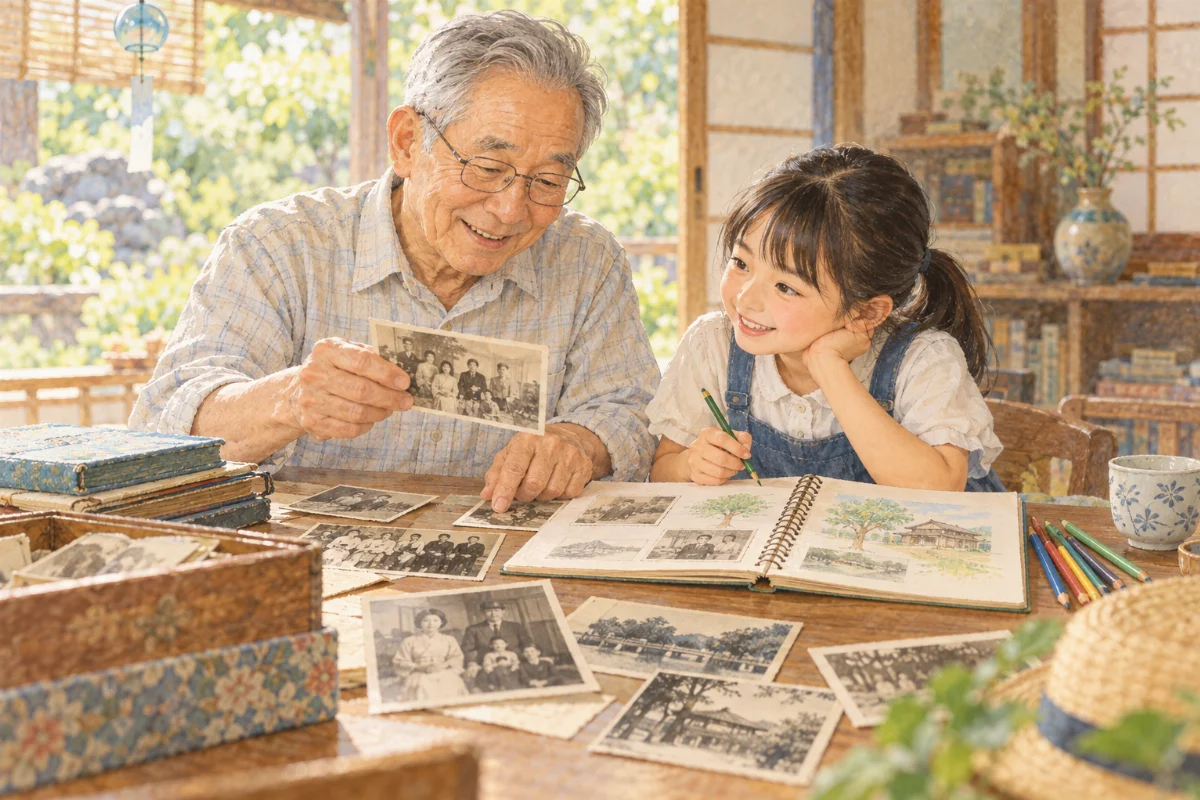 子どもが祖父母と家族について自由研究をするイメージイラスト
