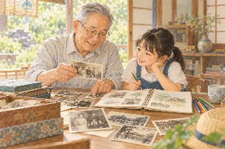 子どもが祖父母と家族について自由研究をするイメージイラスト