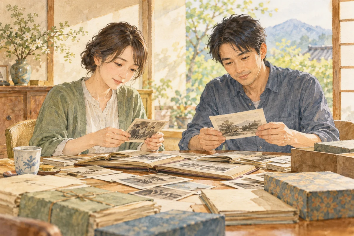 きょうだいで家族の書類や写真を整理するイメージイラスト