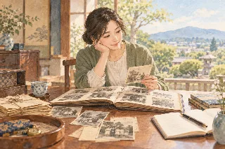 古い家族写真を手に先祖の暮らしに思いを巡らせる人のイメージイラスト