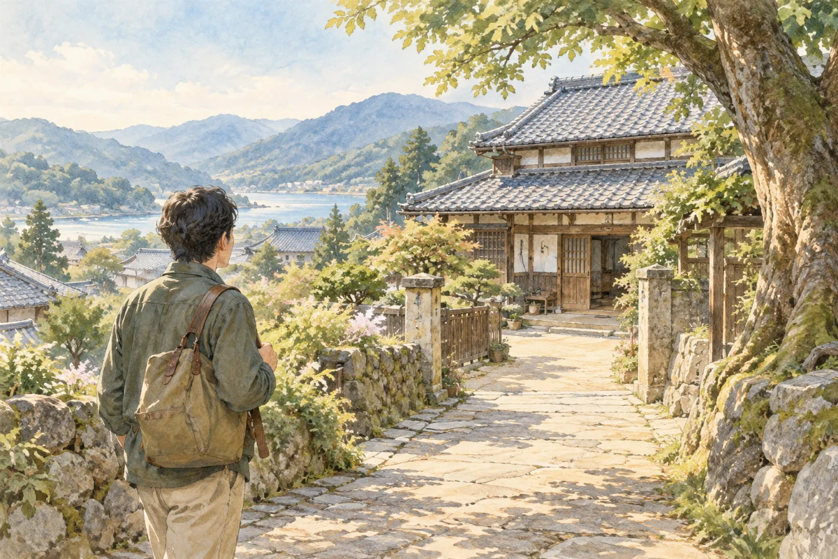 苗字のルーツを探して昔ながらの町並みを訪れる人のイメージイラスト