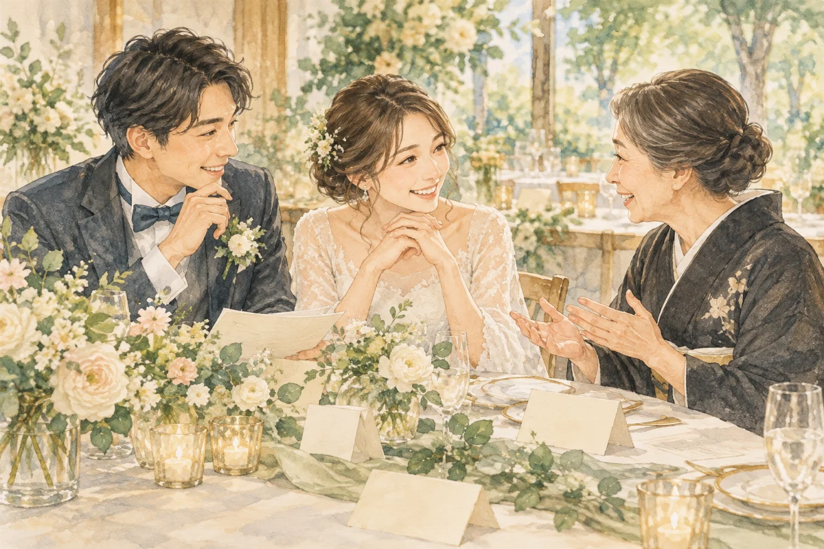 新郎新婦が親族と結婚式の招待客について相談するイメージイラスト