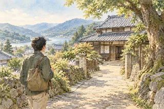 苗字のルーツを探して昔ながらの町並みを訪れる人のイメージイラスト