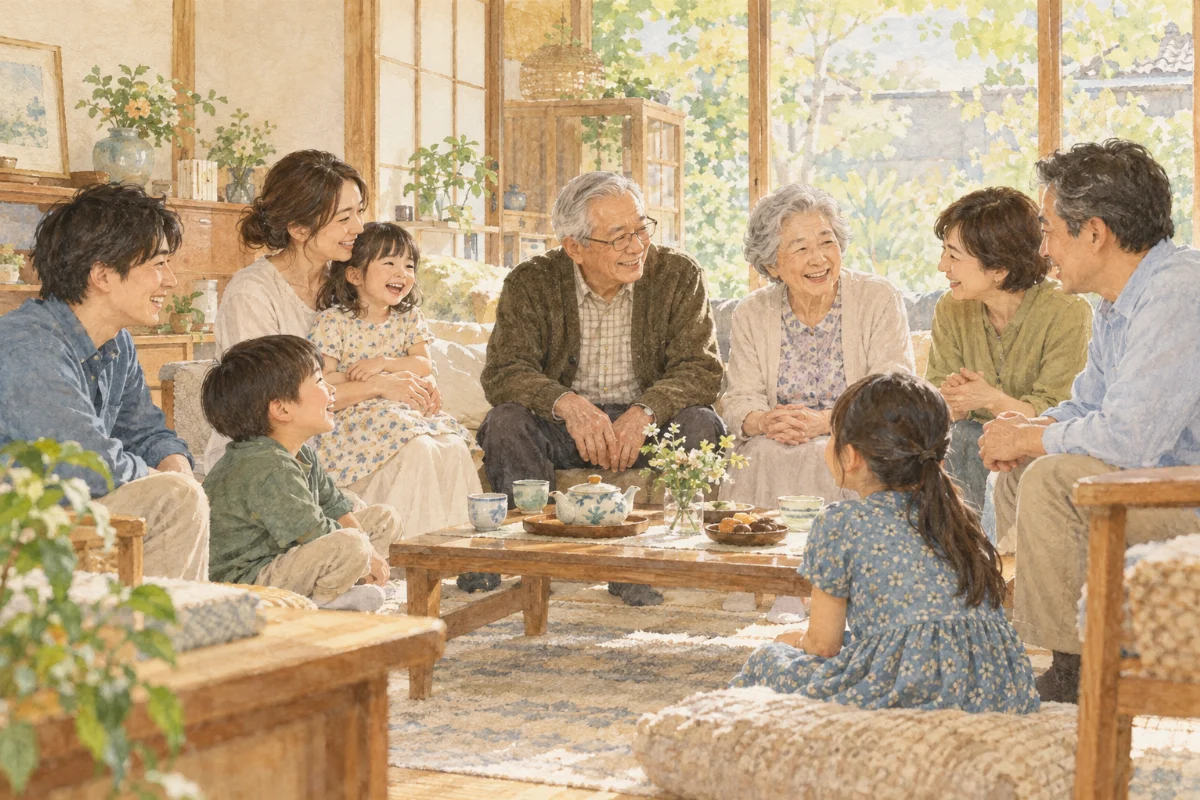 世代を超えた親戚が集まり語り合うイメージイラスト