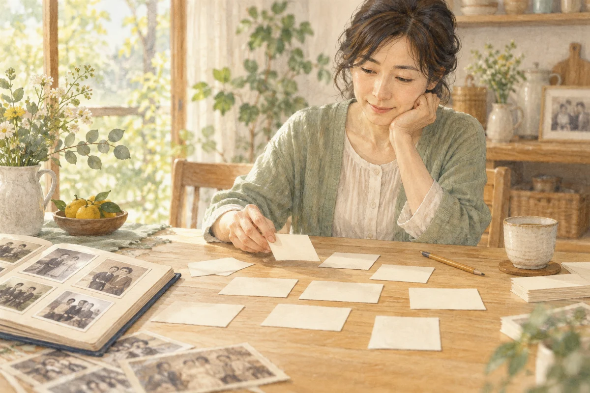 食卓で紙のカードを並べながら家族の記録を考える女性