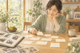 食卓で紙のカードを並べながら家族の記録を考える女性