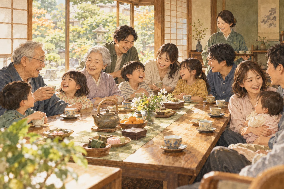 長い食卓を囲み、お茶を楽しむ多世代の家族