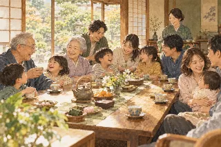 長い食卓を囲み、お茶を楽しむ多世代の家族