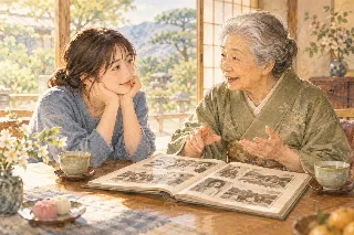 写真アルバムを囲み祖母の話を聞く孫のイメージイラスト