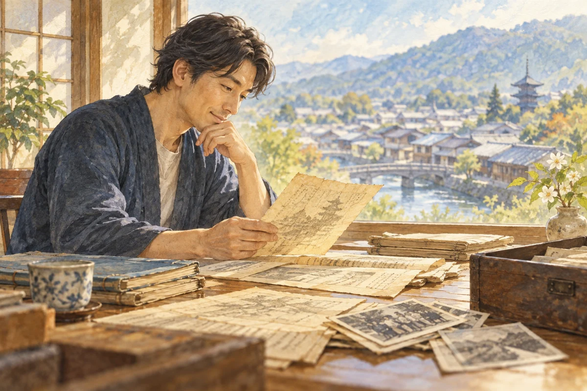 古い記録を手に家族の歴史を調べる人のイメージイラスト
