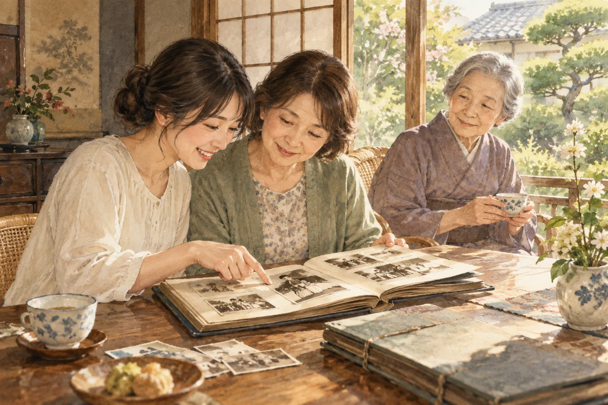 母と祖母と一緒に古いアルバムを見る女性