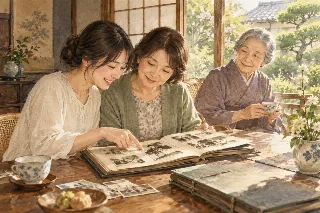 母と祖母と一緒に古いアルバムを見る女性