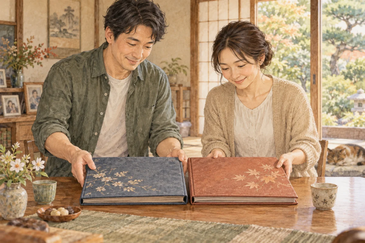 二冊の家族アルバムを並べる夫婦