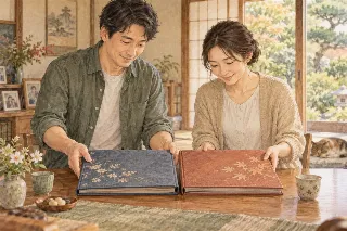 二冊の家族アルバムを並べる夫婦