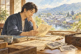 古い記録を手に家族の歴史を調べる人のイメージイラスト