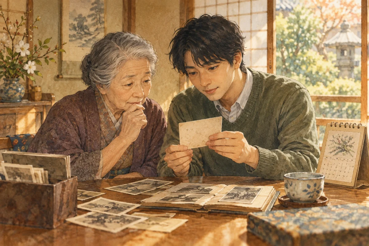 古い写真の裏を一緒に確かめる祖母と孫