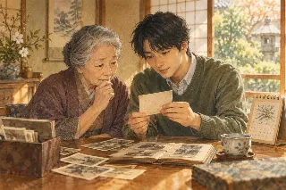 古い写真の裏を一緒に確かめる祖母と孫