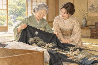 祖母と娘が古い着物の家紋を確かめるイメージイラスト