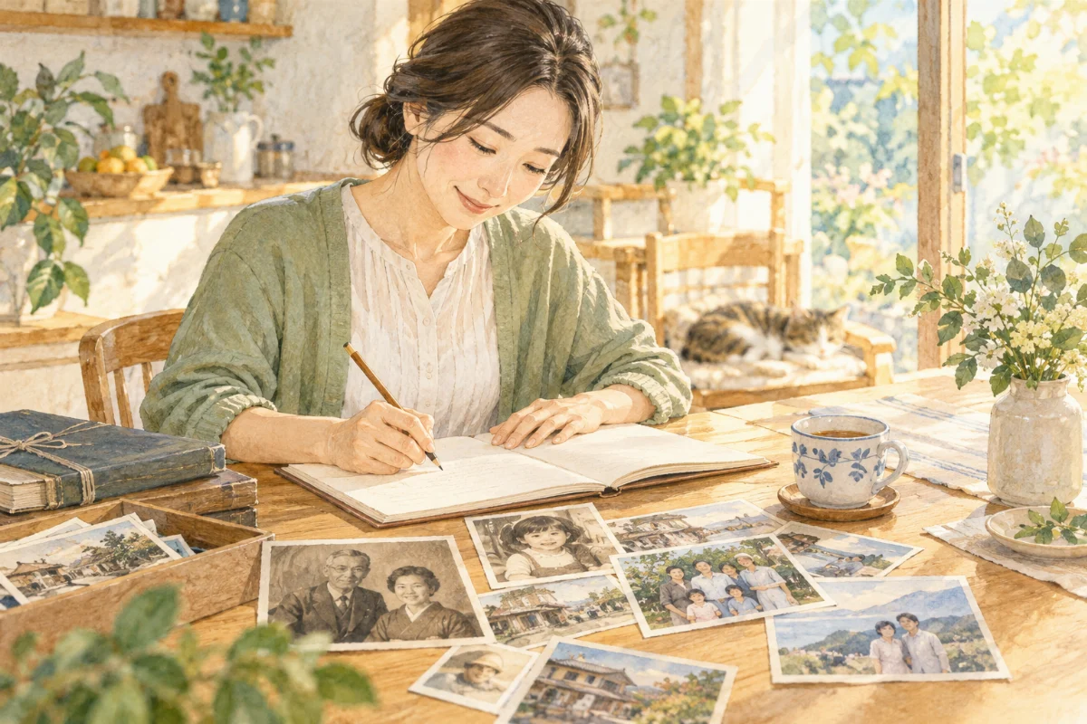写真とノートを用意して家族の記録を始める人のイメージイラスト