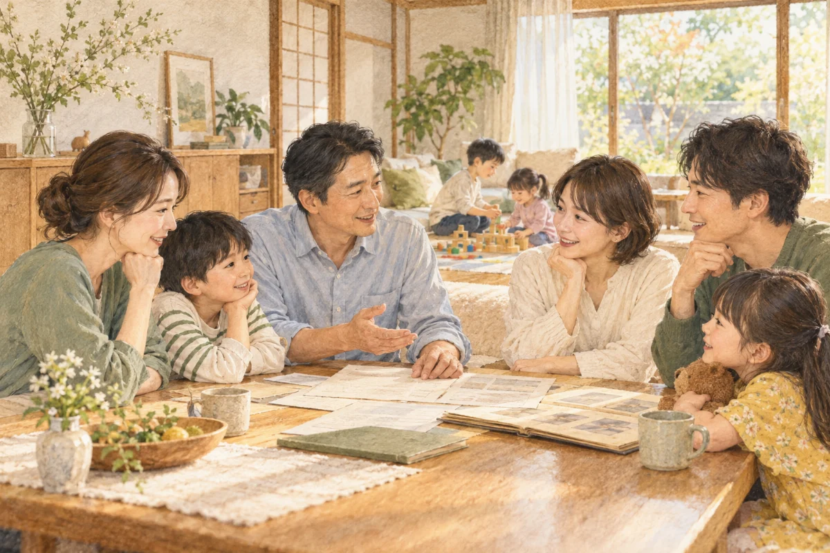 子どもたちと食卓で話す家族