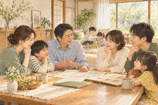 子どもたちと食卓で話す家族