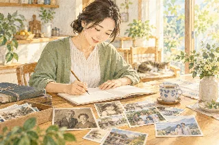 写真とノートを用意して家族の記録を始める人のイメージイラスト