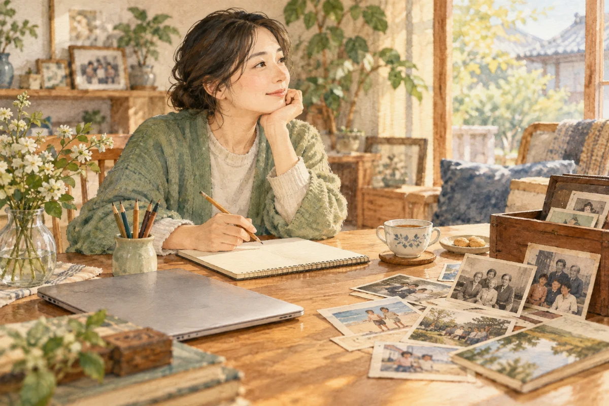 家族写真とノート、パソコンのある机のイメージイラスト