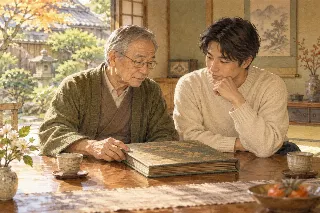 閉じたアルバムを前に語り合う父親世代と子の世代