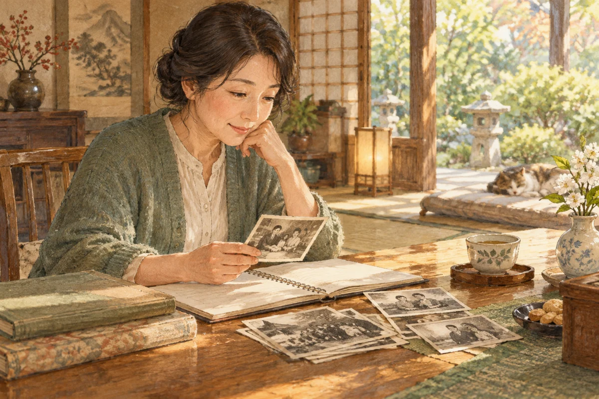 写真とノートを見直す女性