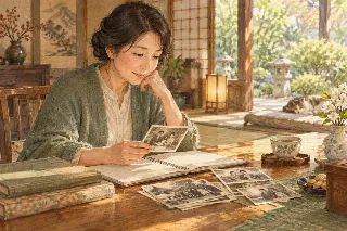 写真とノートを見直す女性