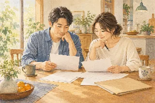 夫婦で家族に関する書類を確認するイメージイラスト