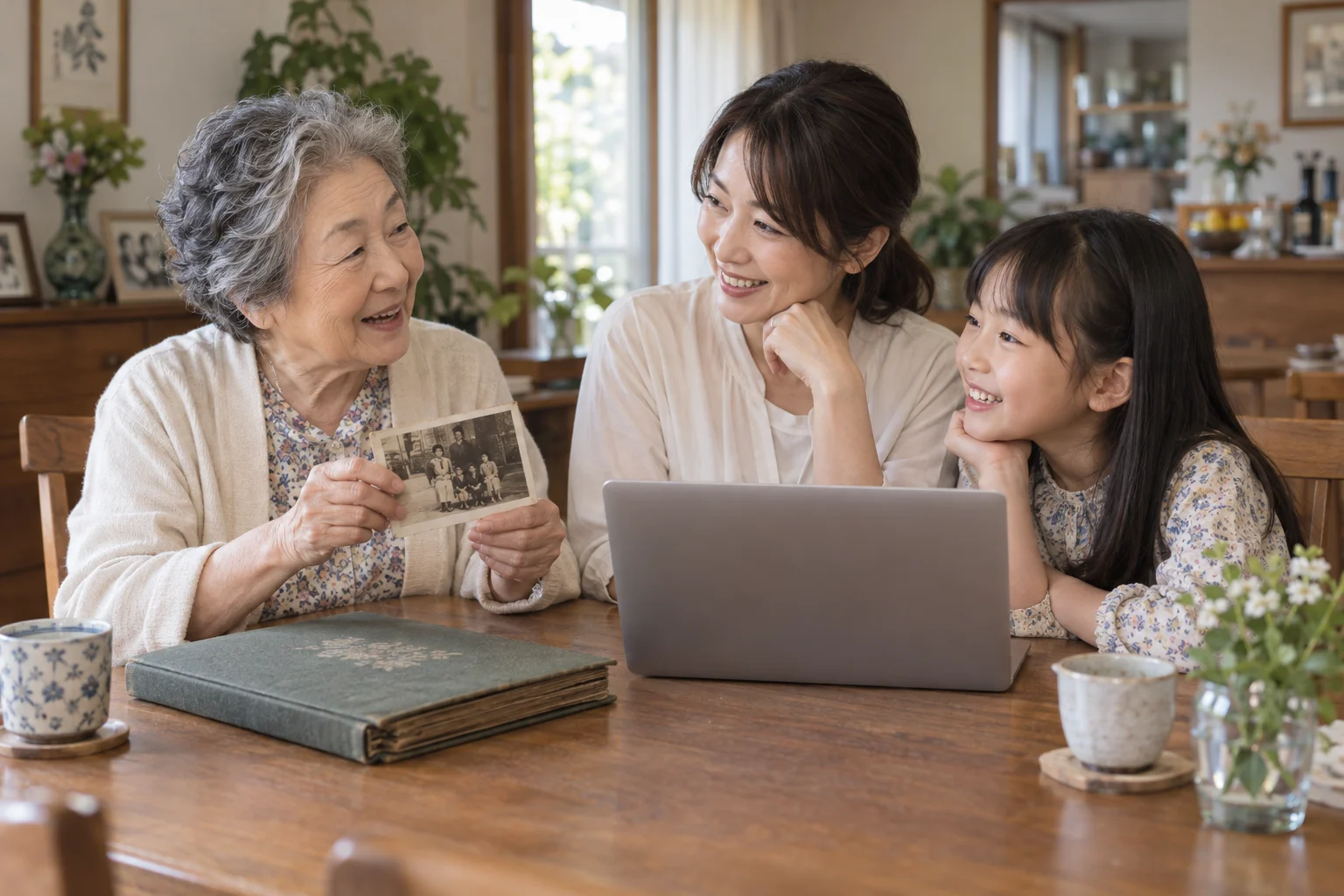 昔の写真を手に、祖母・母・娘が笑顔で話す家族のイメージ