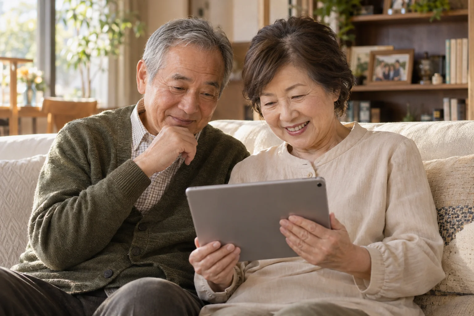 タブレットで家族の記録を眺め、ほほえむ夫婦のイメージ